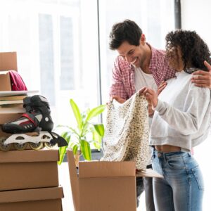 Couple unpacking storage boxes Berkeley